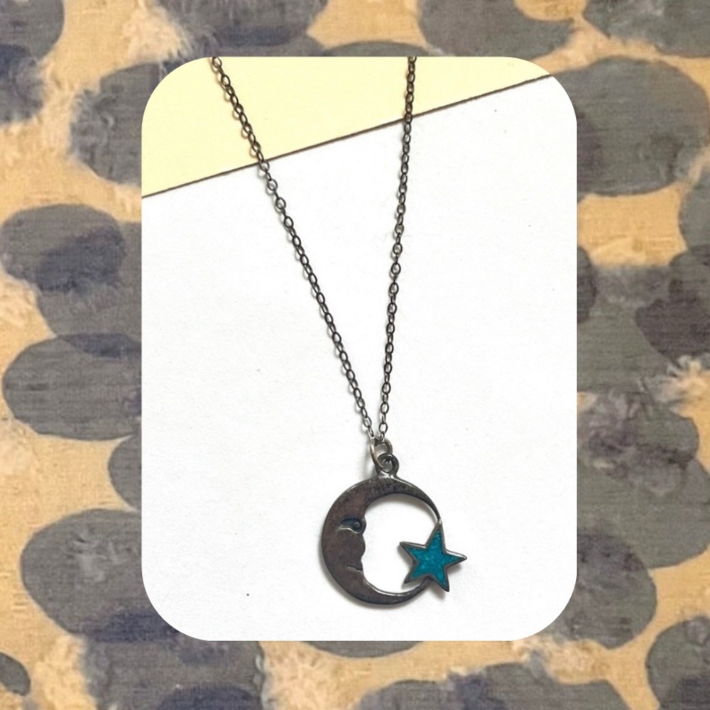 1990s vintage silver and blue star moon delicate thin necklace